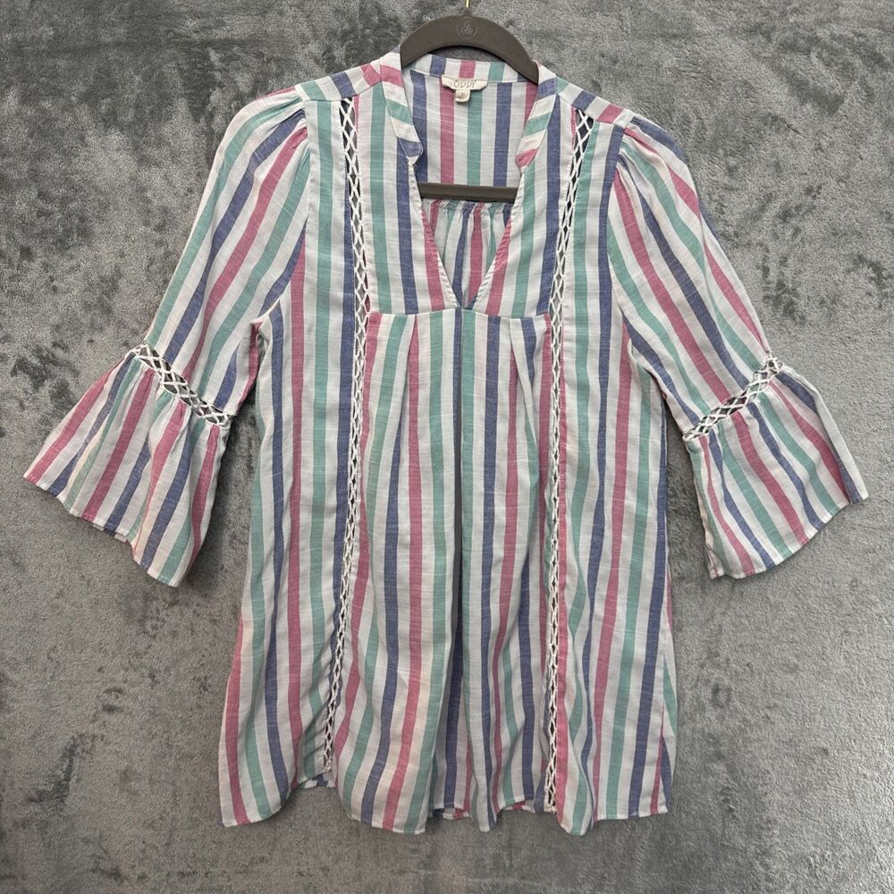 Oddi top med pullover striped 3/4 bell sleeve blue pink white vneck rayon blend - Picture 1 of 8